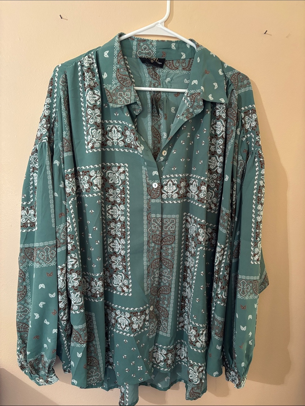 Soft Seafoam Green Button Down Blouse with Inspired Paisley and Bandana Patterns